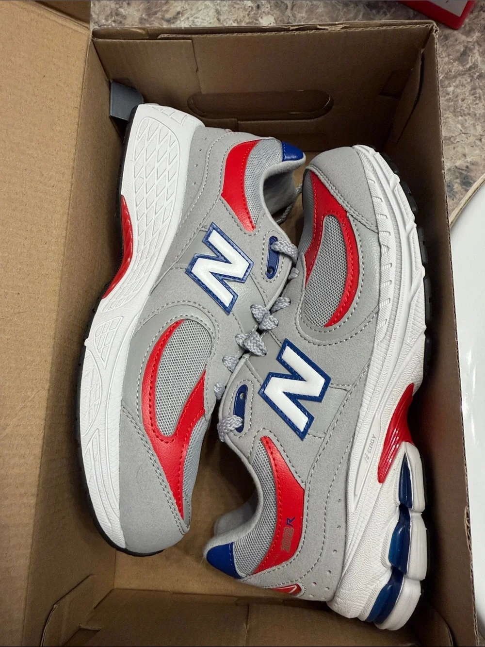 New Balance Grey Red Blue Running Sneakers